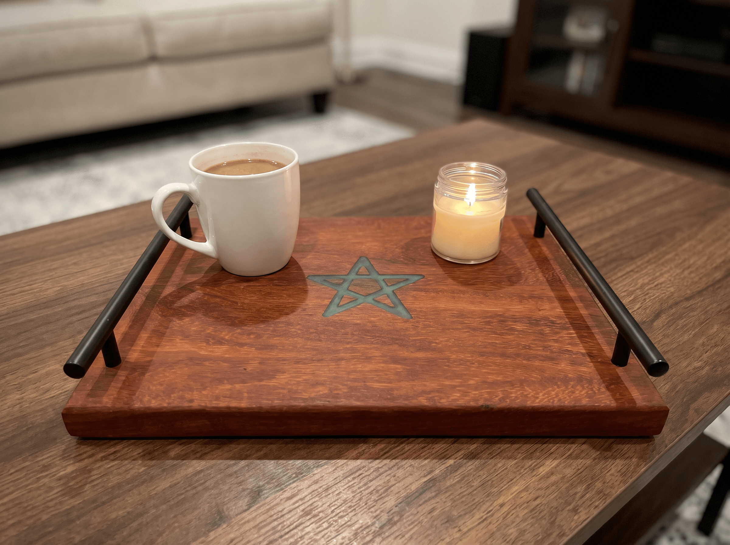 Hand-cut star inlay detail on a serving tray