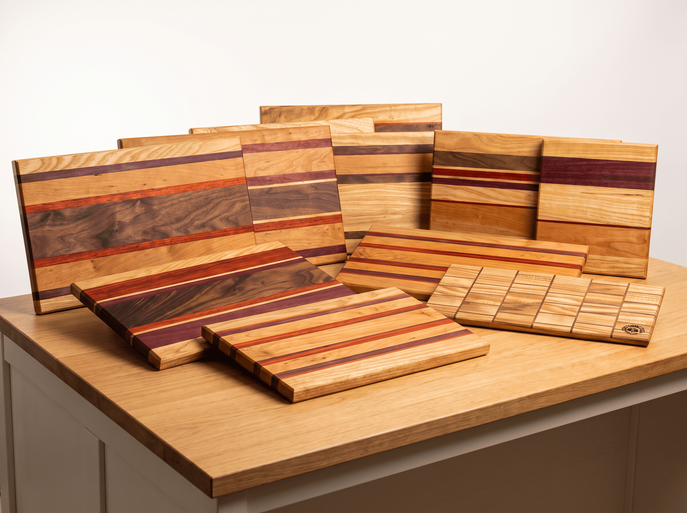 A full collection of handmade boards from the Youniche Woodworking workshop