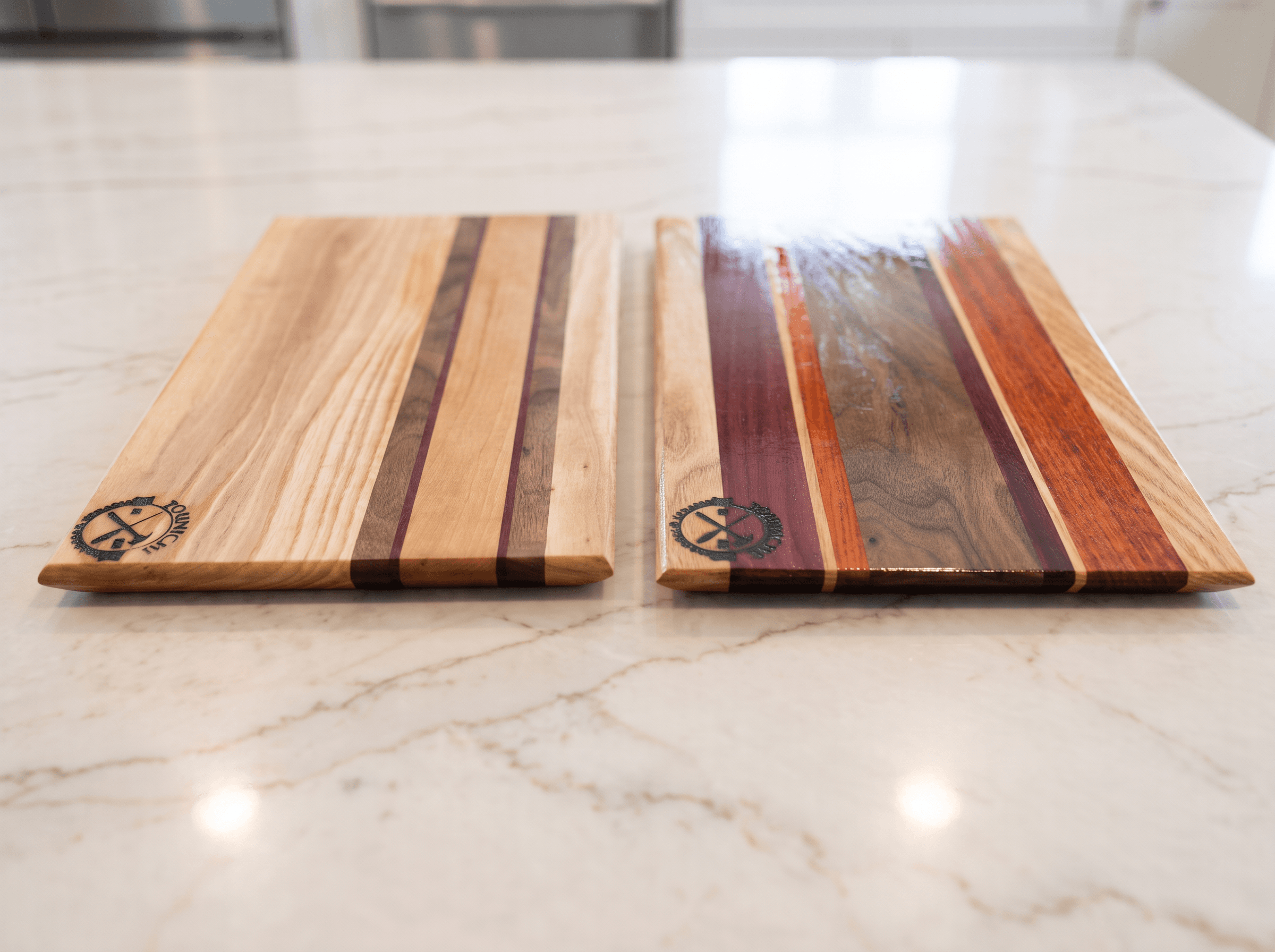 Comparing a matte oiled finish against a gloss finish on hardwood boards