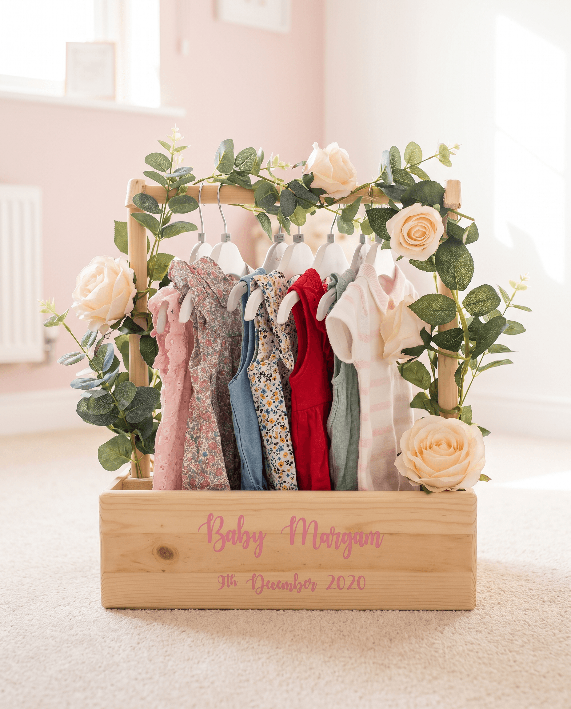 Handmade timber baby clothing crate