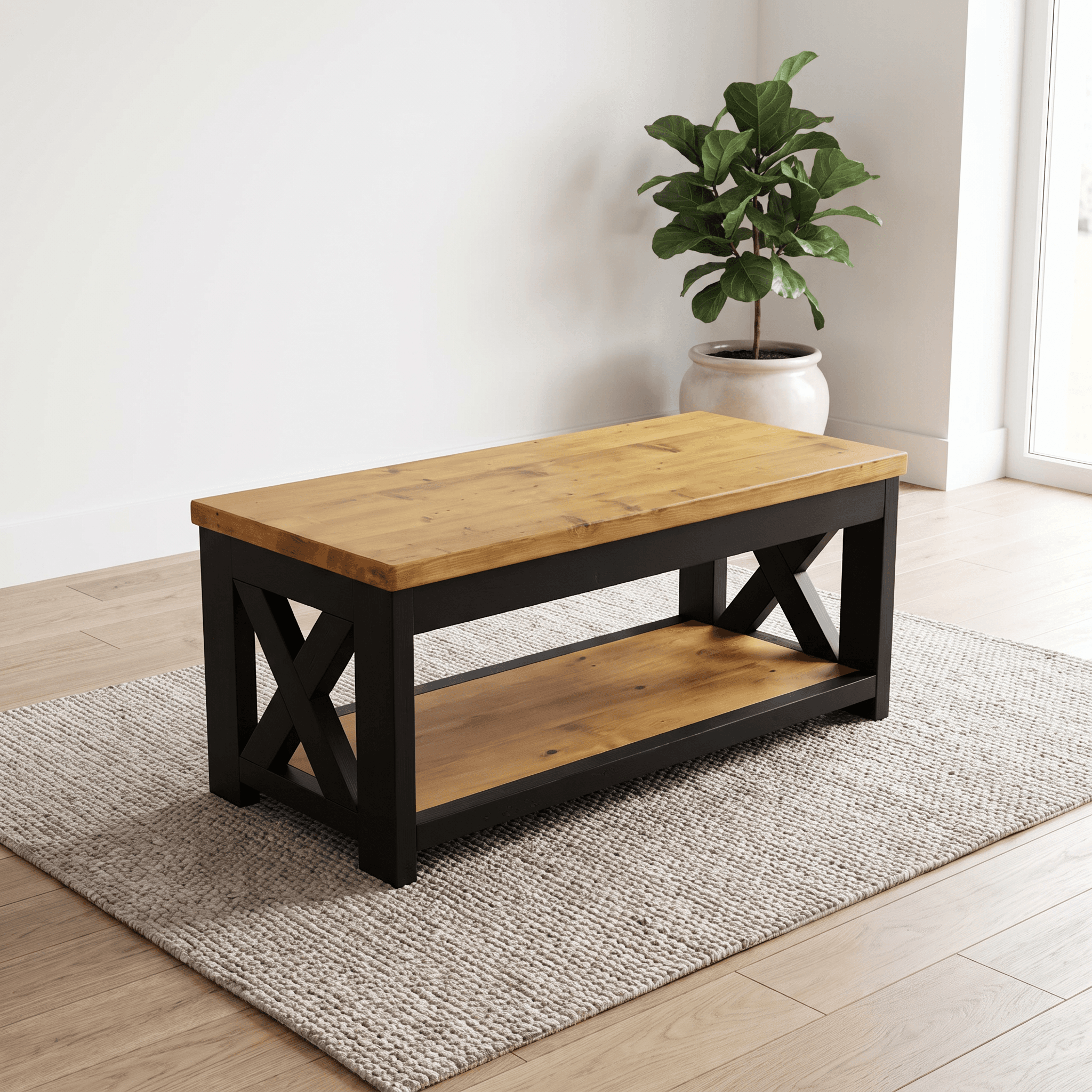 Two-tier coffee table in black and pine