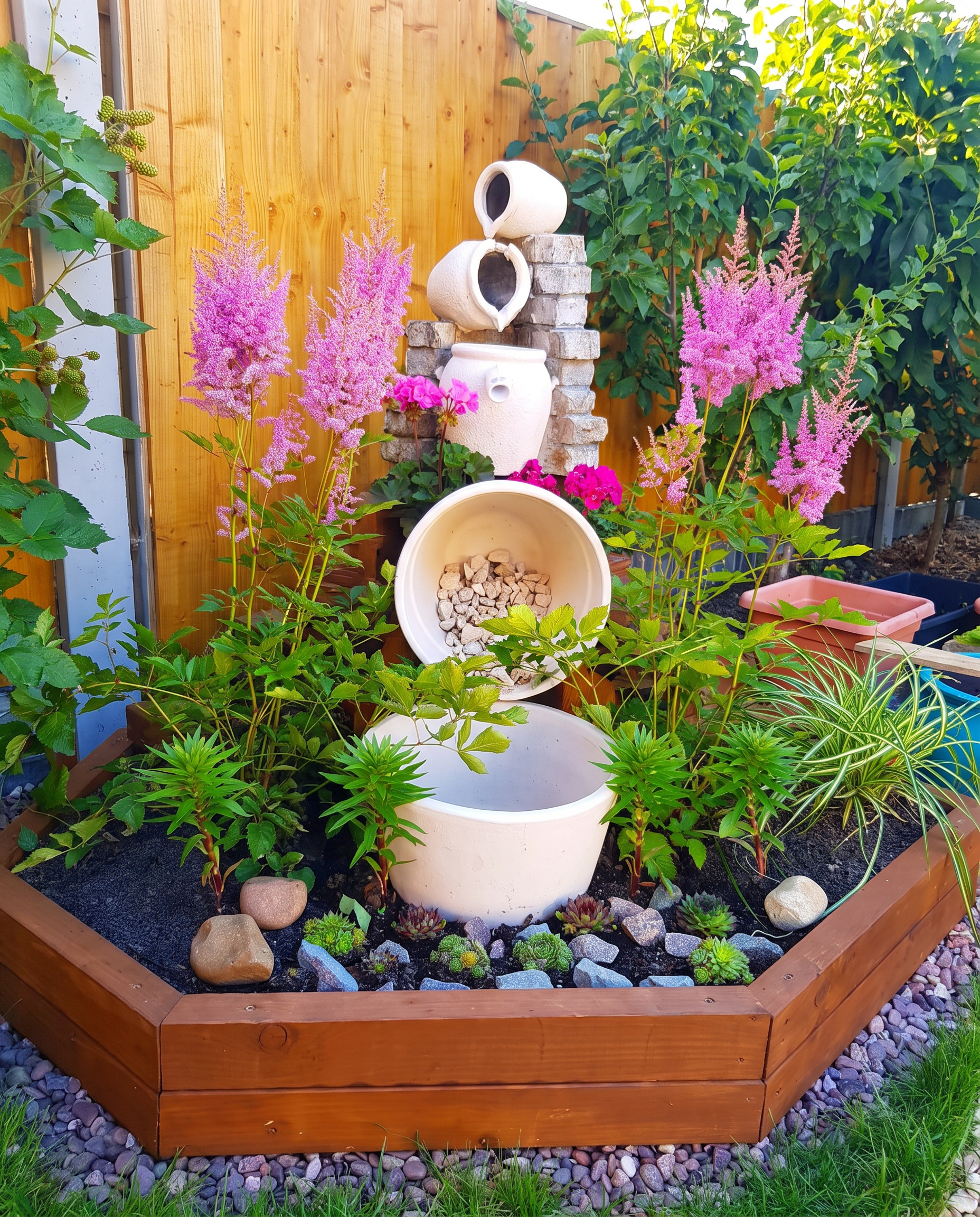 Hexagonal timber fountain planter surround