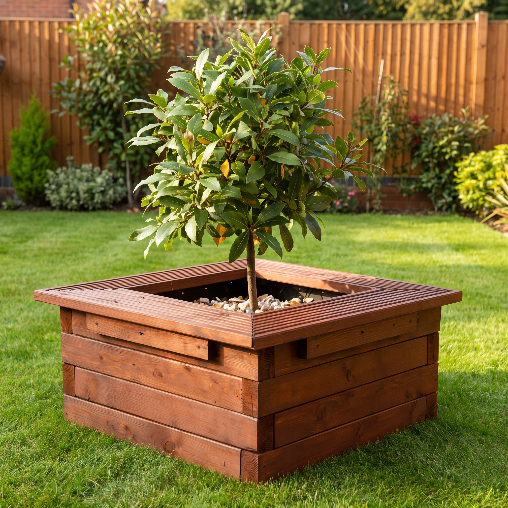 Square tree planter with integrated bench seating