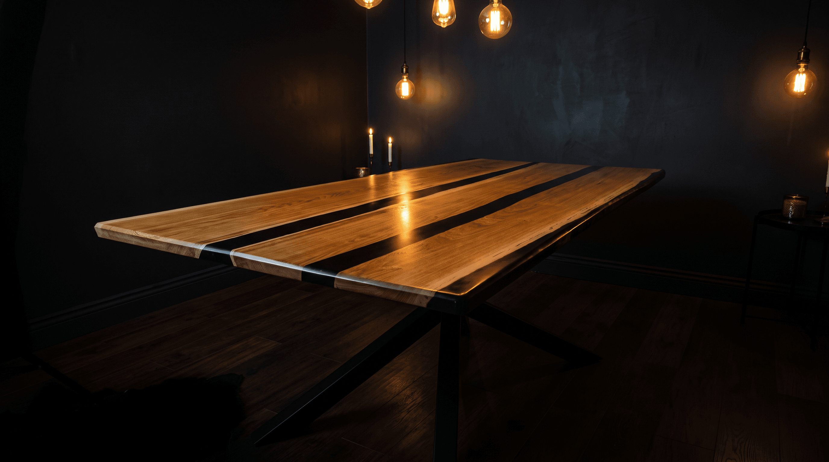 Handmade live-edge epoxy river dining table in a dimly lit interior